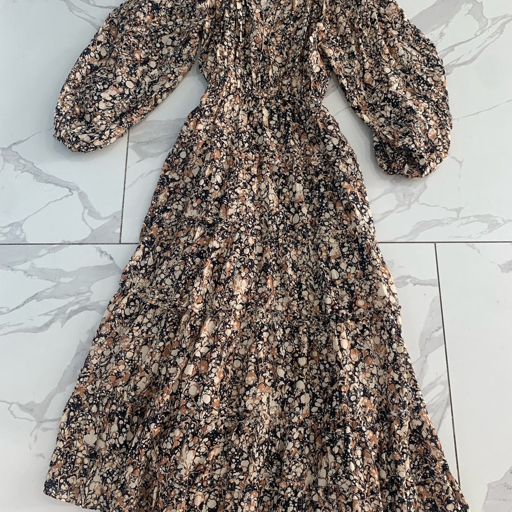 Ulla Johnson Anzu Midi Dress Women 0 Brown/Black Pockets Neutral Tiered Cottage